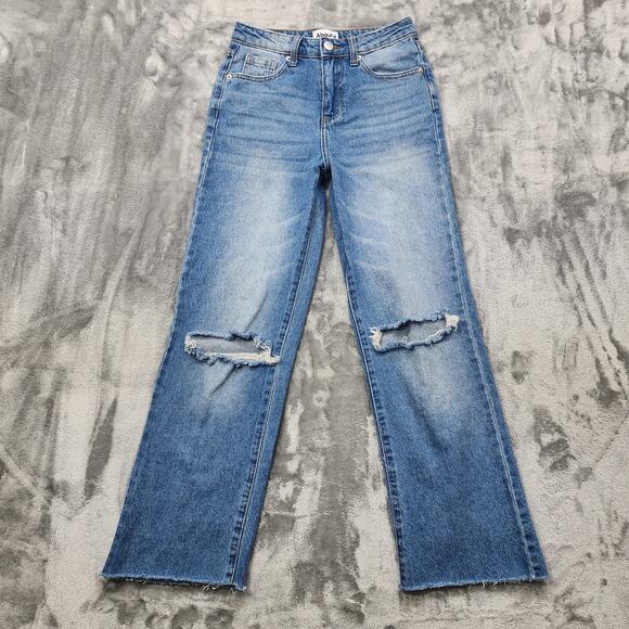 Abound Jeans Women 24 Blue Distressed Ripped Wide Leg Crop Ankle Raw Hem Stretch - Picture 1 of 14